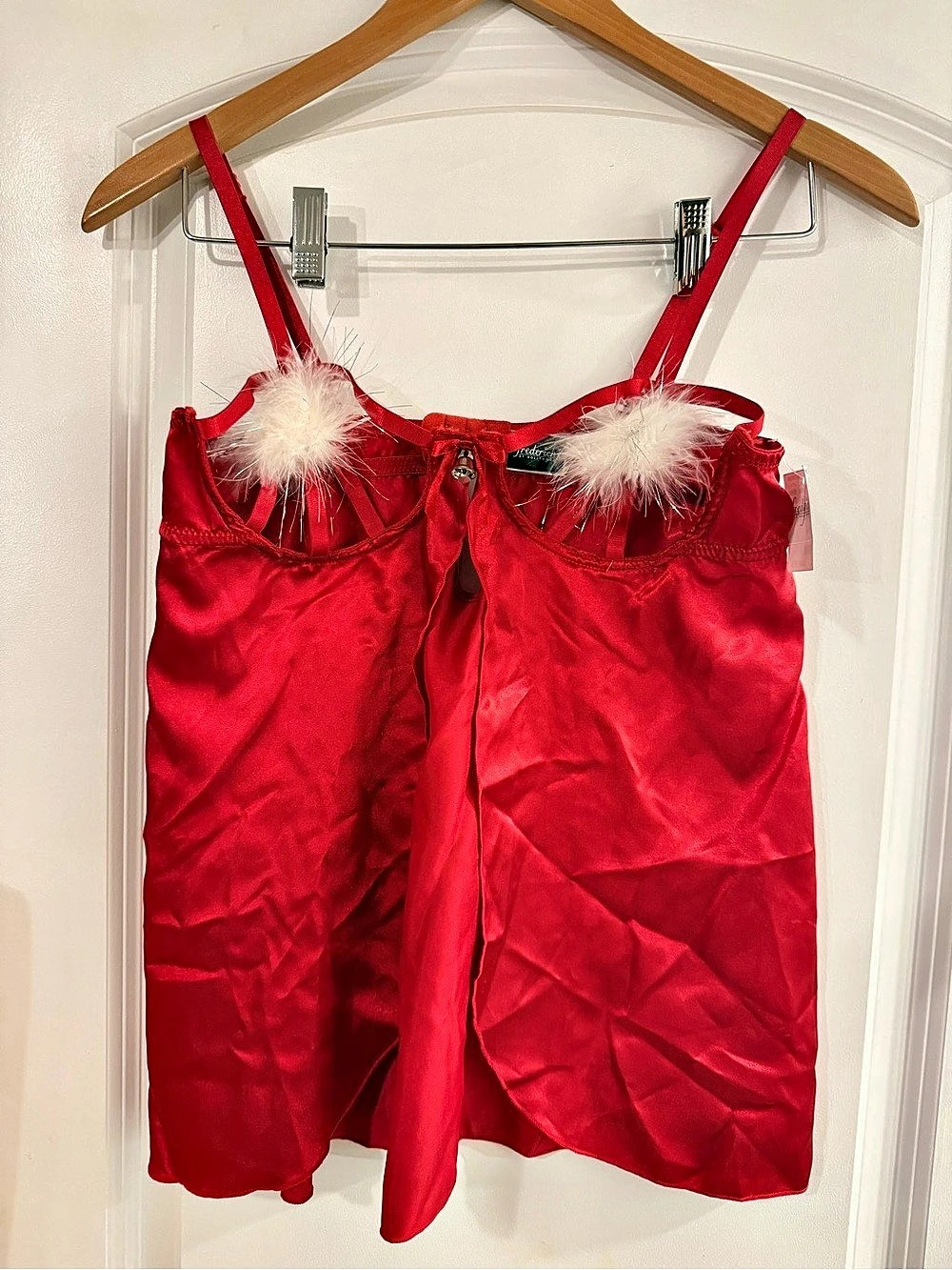Frederick's of Hollywood Sexy Peek-A-Boo Red Satin Feather Trim Cami Small